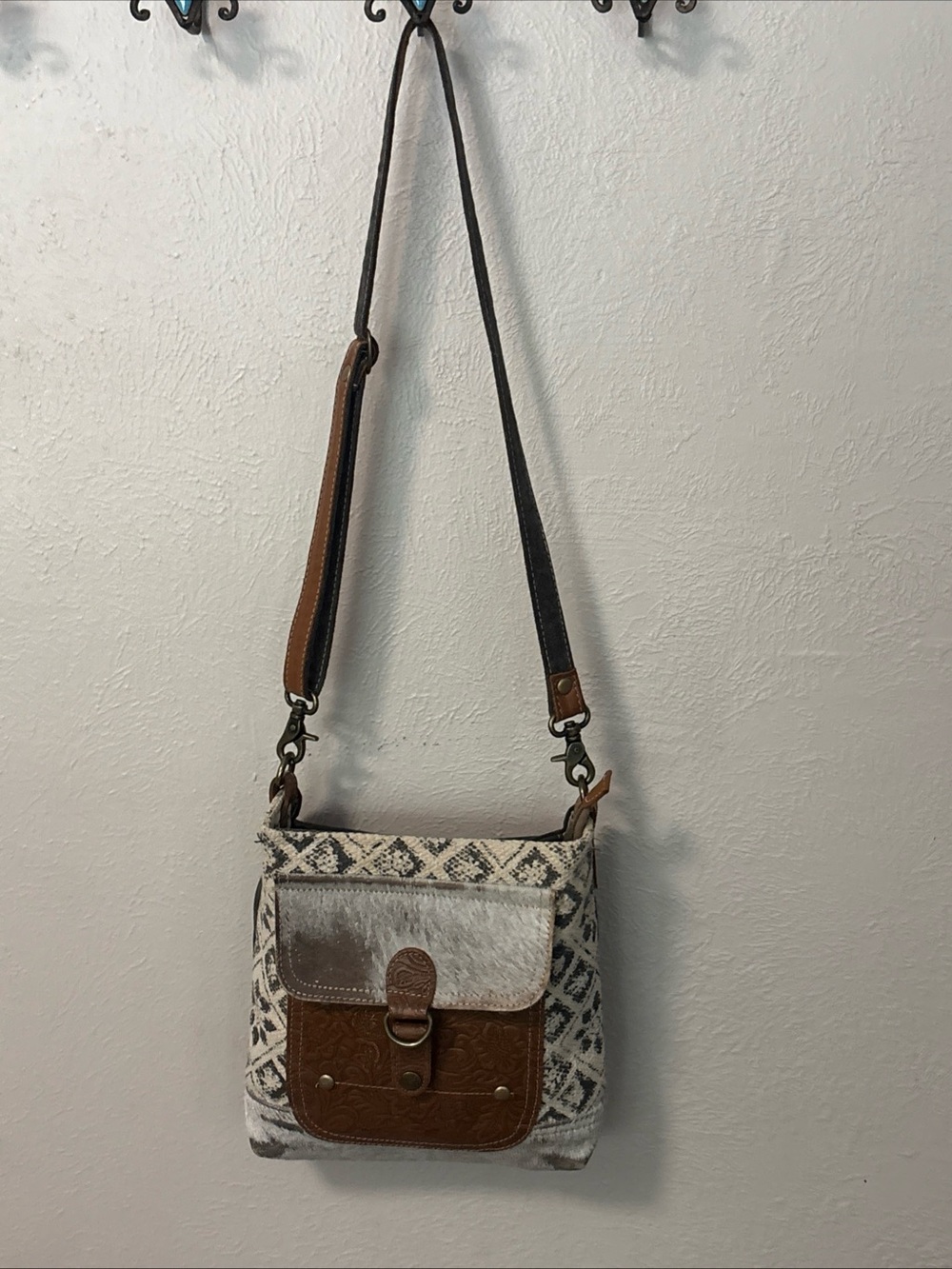 Myra cowhide, leather canvas Boho Crossbody Bag in Brown 10” X 8” X 1.5”